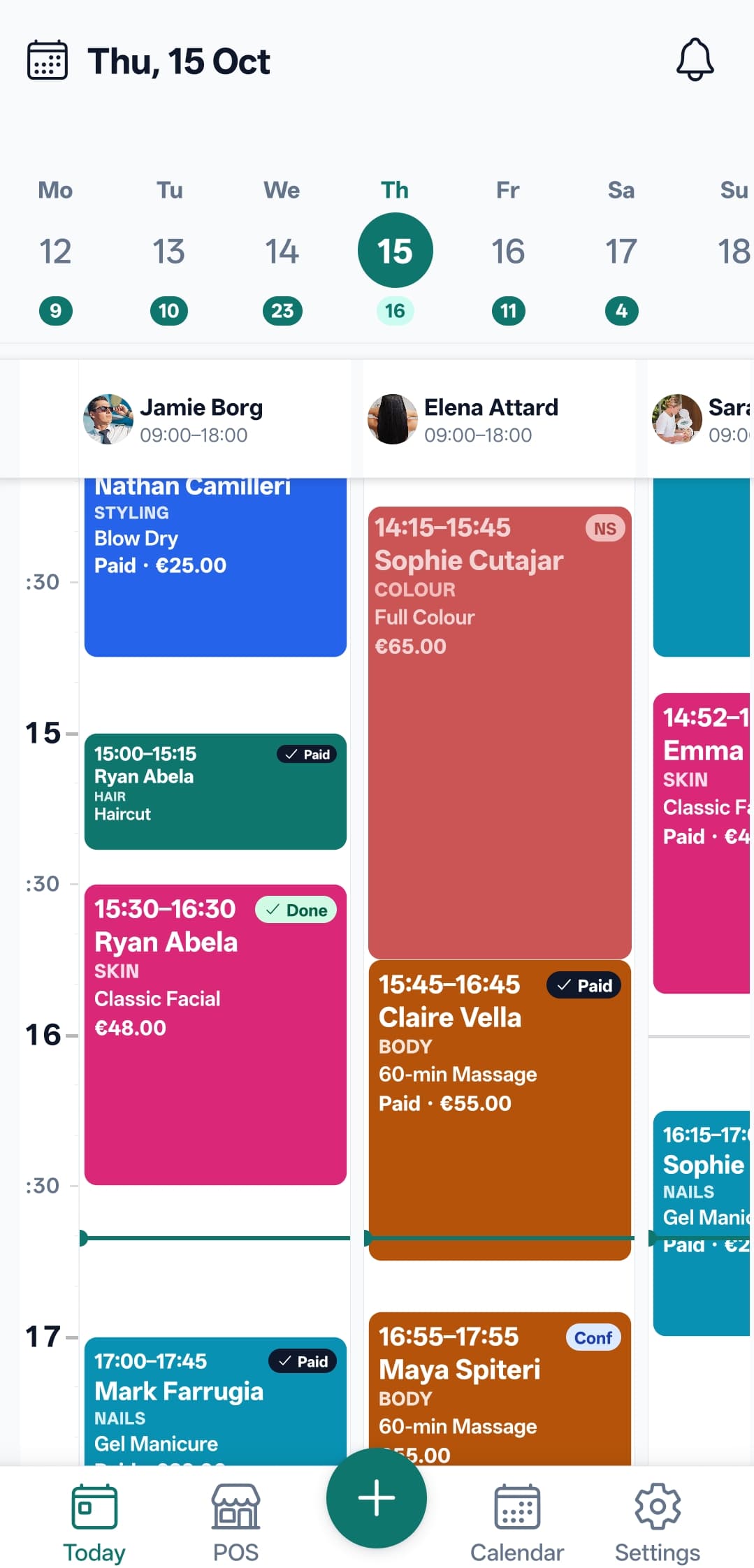 Mobile app showing today’s staff schedule with POS in the bottom navigation